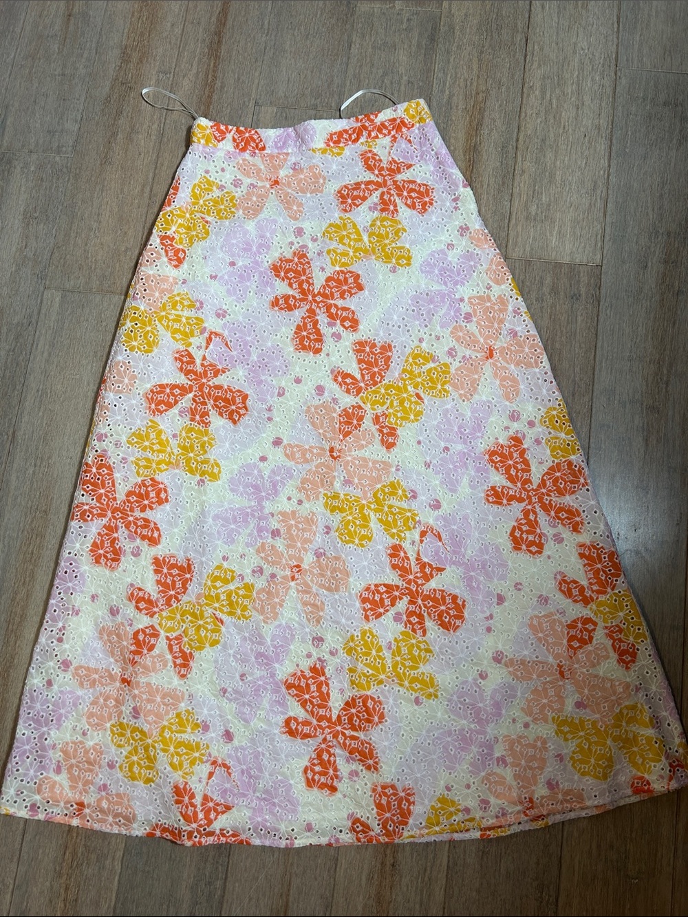 Women’s Floral Eyelet A-Line Skirt - White with Orange, Yellow & Pink Flowers